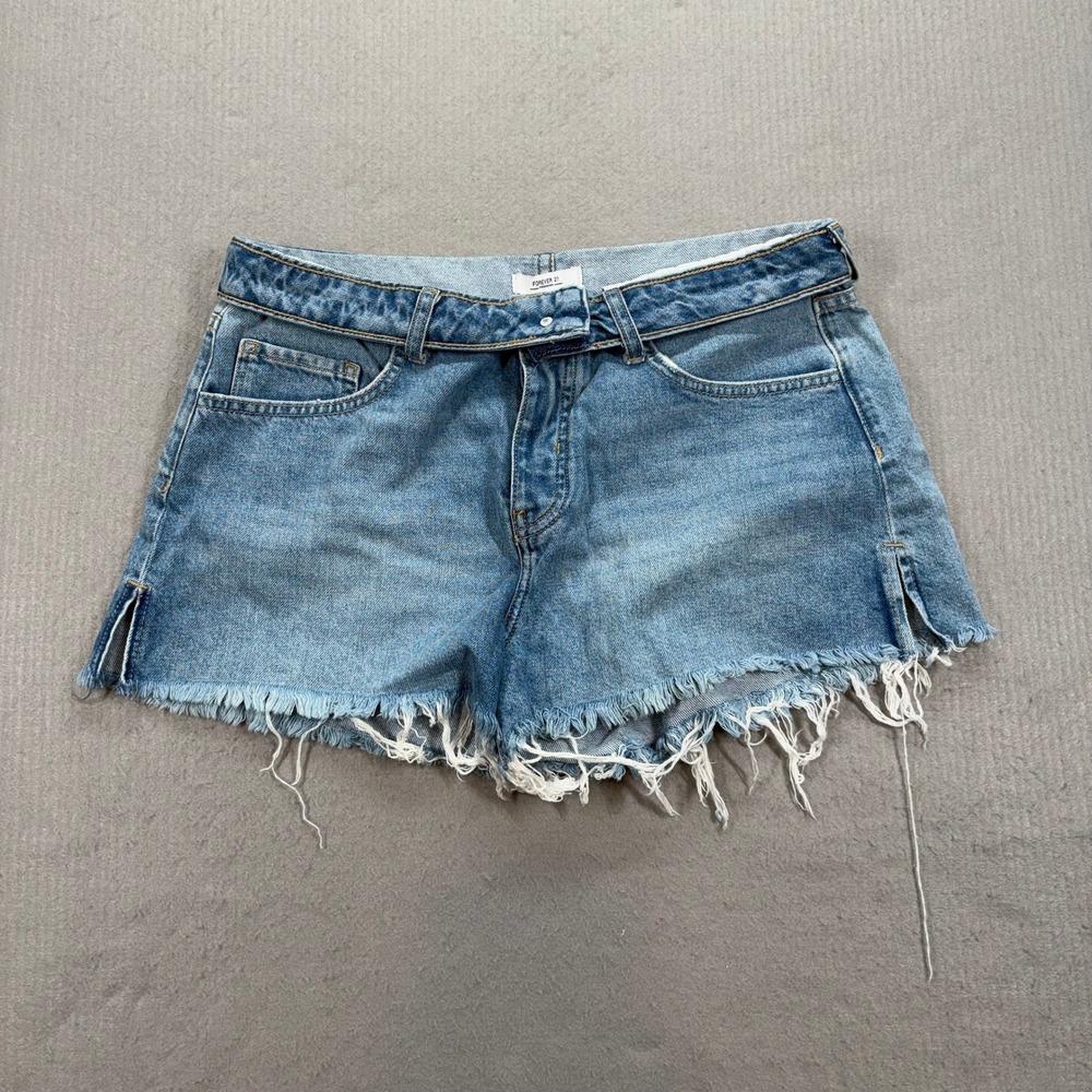 Forever 21 Denim Shorts Womens 30 Blue Distressed Raw Hem Side Slit Button Fly